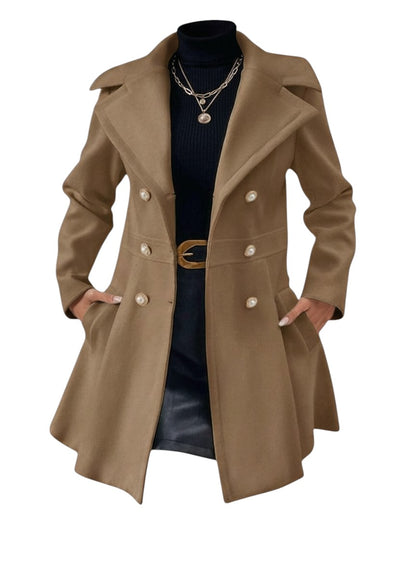 COMFORTH women's camel double-breasted peacoat with lapel collar and pearl buttons. A-line silhouette.