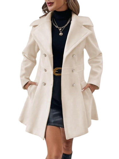 COMFORTH women's cream double-breasted peacoat with lapel collar, pearl buttons, and A-line silhouette.
