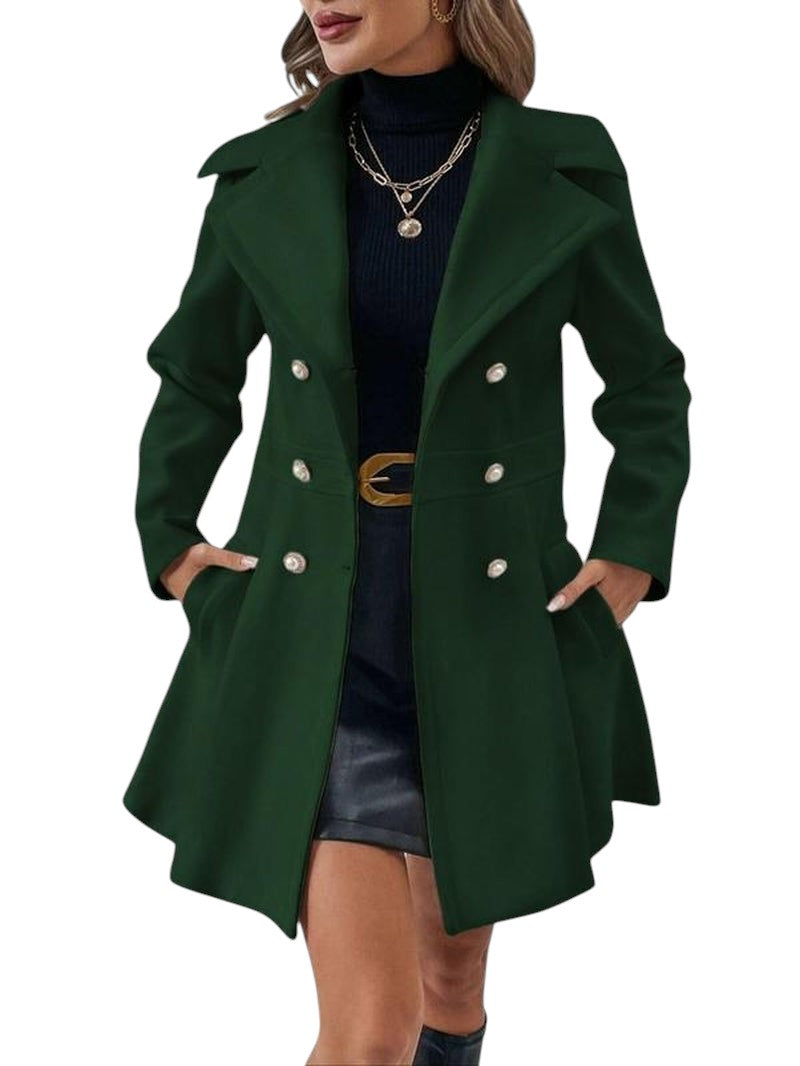 COMFORTH Women's green double-breasted peacoat with lapel collar, pearl buttons, and A-line silhouette.