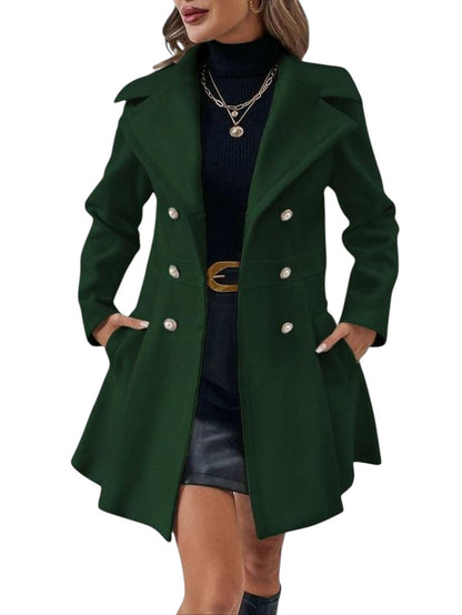 COMFORTH Women's green double-breasted peacoat with lapel collar, pearl buttons, and A-line silhouette.