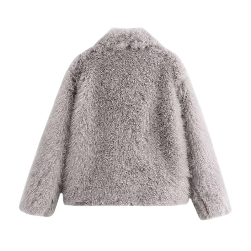 COMFORTH women's grey plush faux fur winter jacket with oversized collar and relaxed fit.
