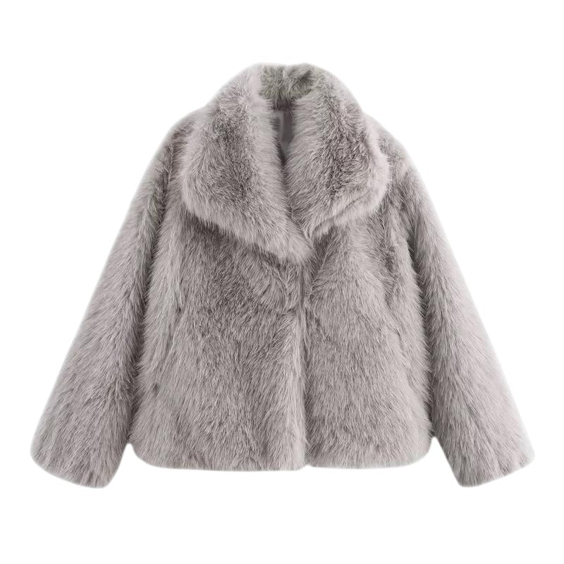 COMFORTH women's grey plush faux fur winter jacket with oversized collar and relaxed fit.