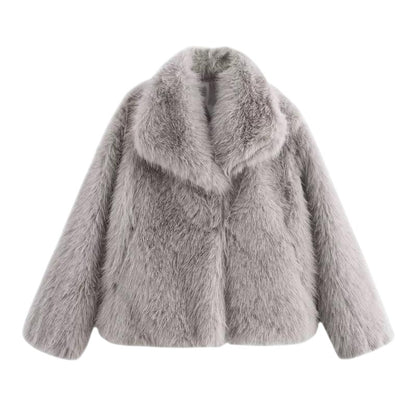 COMFORTH women's grey plush faux fur winter jacket with oversized collar and relaxed fit.