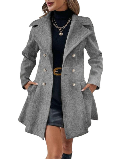 COMFORTH women's grey double-breasted peacoat with lapel collar and pearl buttons. A-line silhouette.