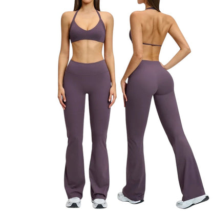 COMFORT women's high-waisted flare yoga pants in plum, made from a soft, stretchy fabric. Model shown front and back.