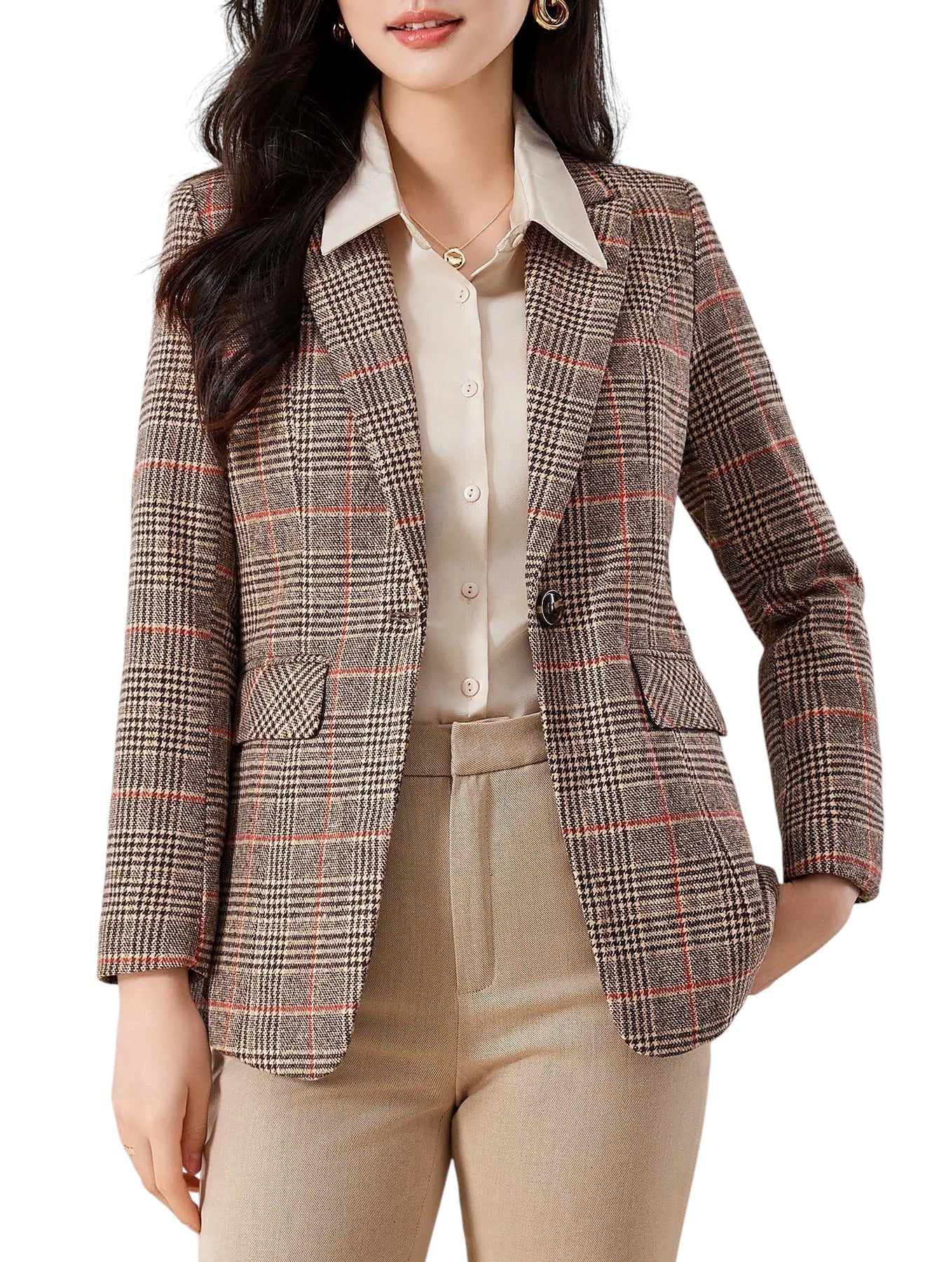 Women's Plaid Patterned Blazer Jacket Coffee