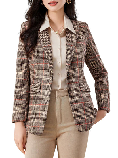 Women's Plaid Patterned Blazer Jacket Coffee