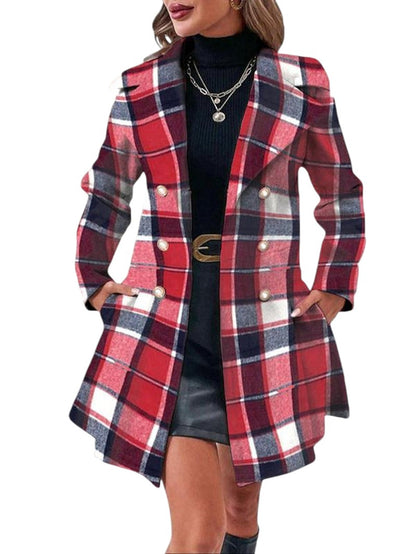 COMFORTH Women's red, white, and blue plaid double-breasted peacoat with lapel collar and pearl buttons.