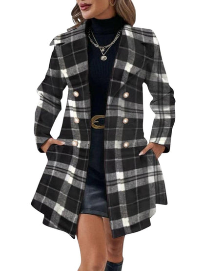 COMFORTH Women's double-breasted peacoat in black and white plaid with lapel collar and pearl buttons.