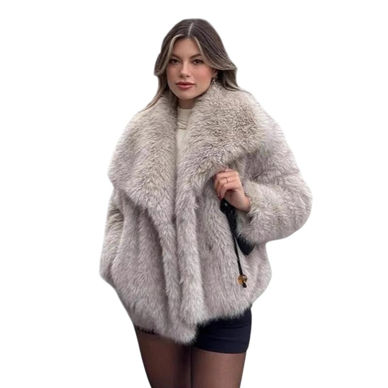 COMFORT Women's light grey plush faux fur winter jacket with oversized collar and relaxed fit.