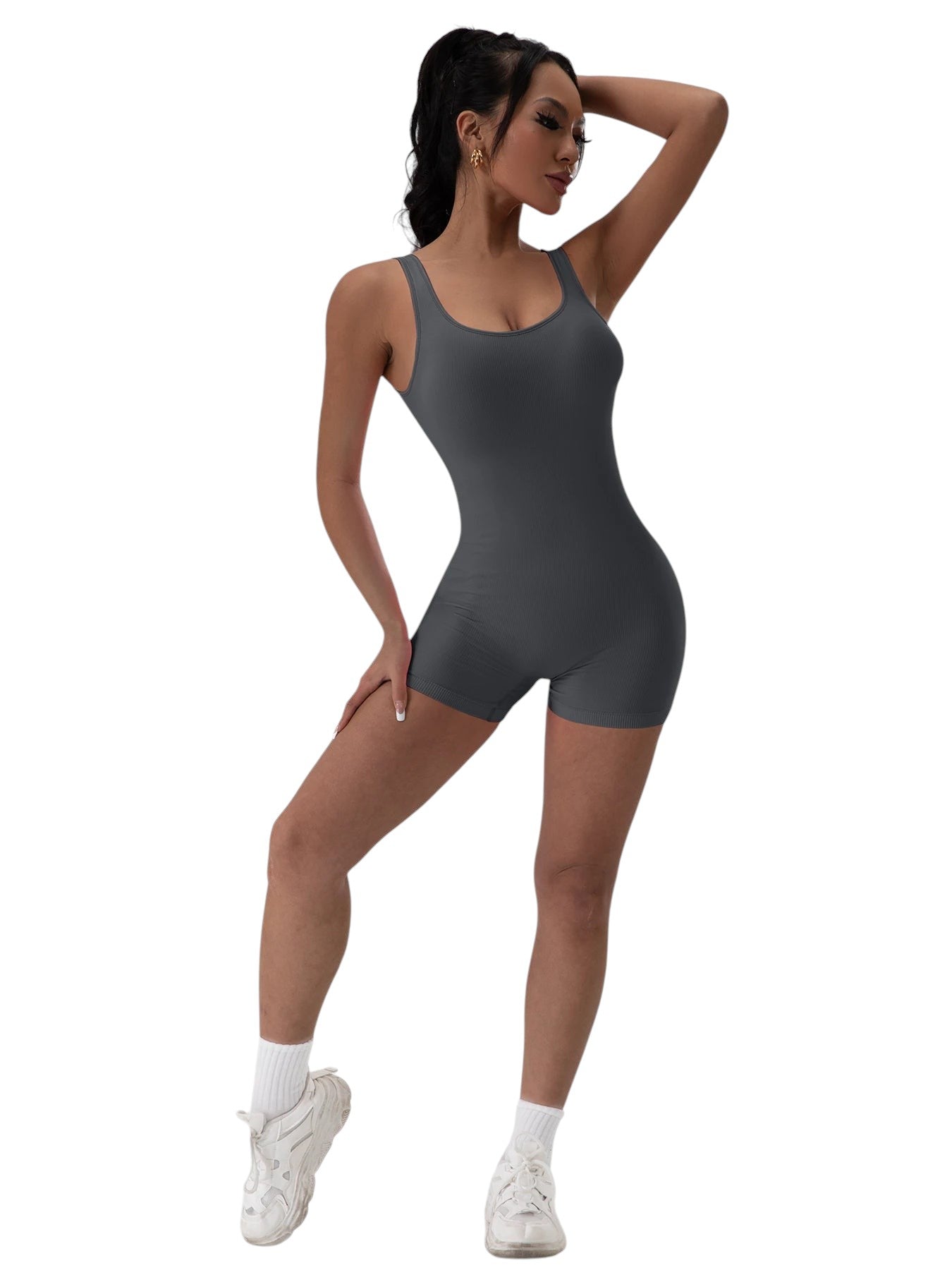 COMFORT Women's dark grey ribbed athletic bodysuit short with scoop neck and racerback, perfect for workouts.
