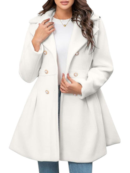 COMFORTH women's white double-breasted peacoat with lapel collar, pearl buttons, and A-line silhouette.