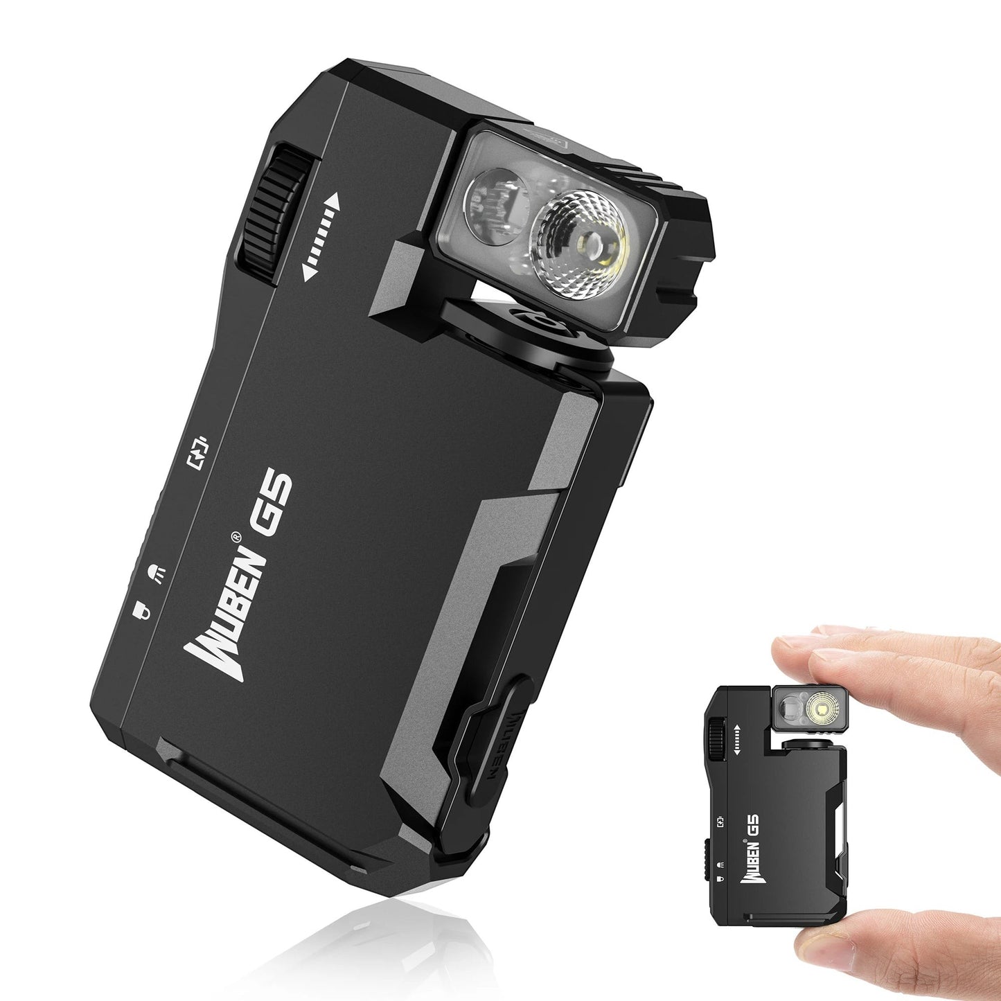 COMFORT Wuben G5 black compact flashlight with 180-degree rotating head and 400 lumens, shown held in hand.