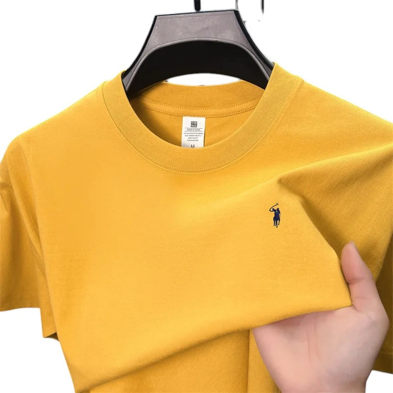 COMFORT yellow crew neck short sleeve t-shirt with embroidered logo on chest, cotton blend
