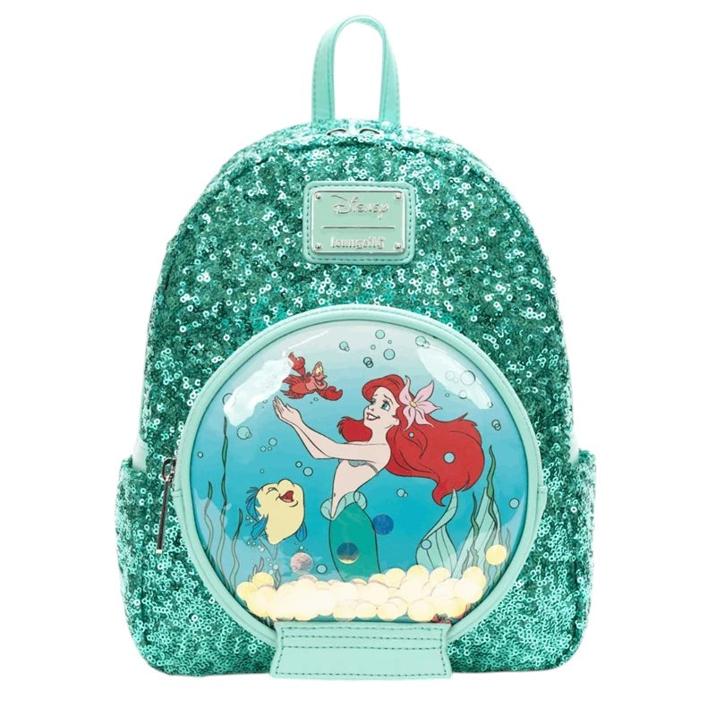 COMFORTHere Disney Pixar The Little Mermaid Ariel mini backpack, covered in teal sequins with a clear front pocket featuring Ariel, Flounder, and Sebastian.