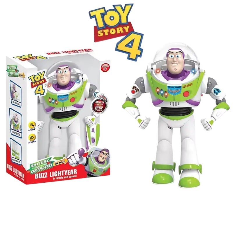 COMFORTHere Toy Story 4 Buzz Lightyear action figure, white, green, and purple plastic with retractable helmet and electronic sound and light features.
