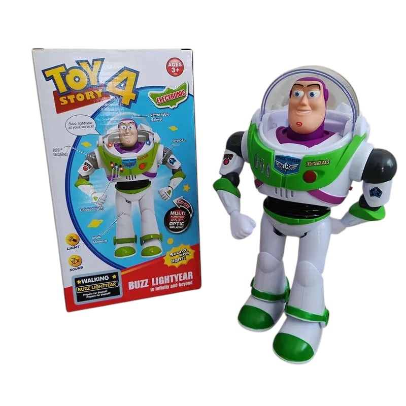 COMFORTHere Toy Story 4 Buzz Lightyear action figure, white, green, and purple plastic with electronic sound and light features.