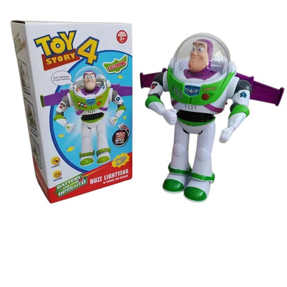 COMFORTHere Toy Story 4 Buzz Lightyear action figure, white, green, and purple plastic with electronic sound and light features.