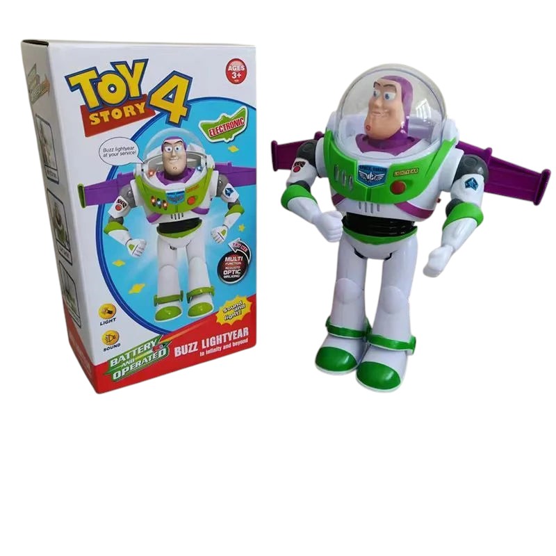 COMFORTHere Toy Story 4 Buzz Lightyear action figure, white, green, and purple plastic with electronic sound and light features.