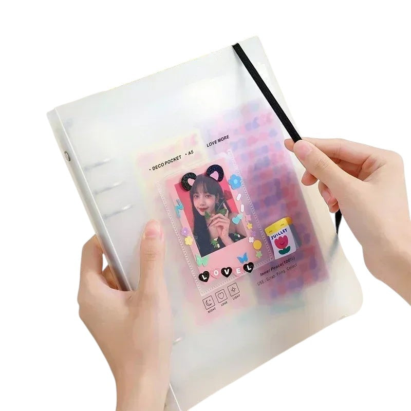 COMFORTH A5 Kpop photocard binder album with clear PP cover, elastic closure, and decorative pocket displaying a Kpop idol photo.