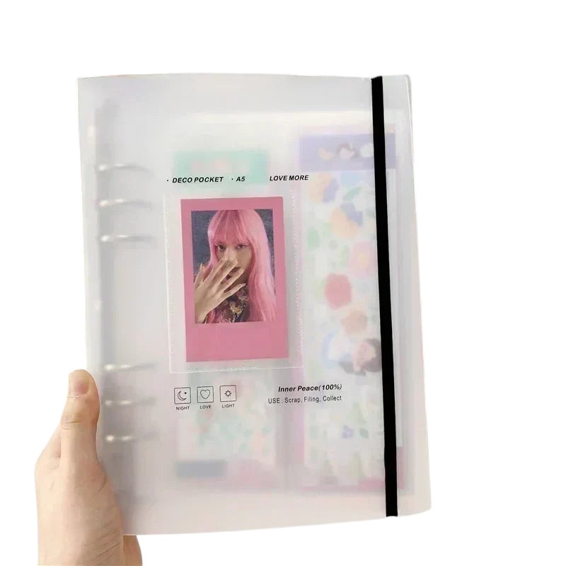 COMFORTH A5 Kpop photocard binder album with sleeves, clear PP cover, elastic closure, and decorative inserts.