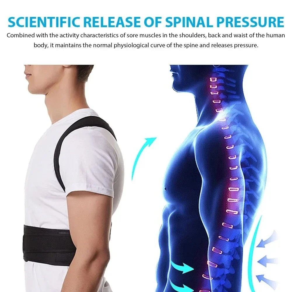 COMFORTHere is the original image: Adjustable black posture corrector back brace with straps and lumbar support, shown on a man and a spinal diagram.