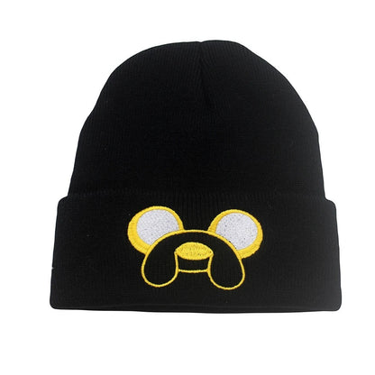 COMFORTH black knit beanie with embroidered Jake the Dog face from Adventure Time