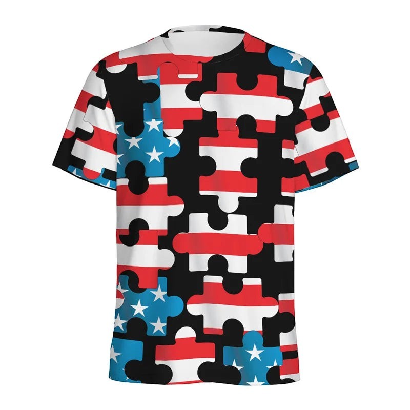 COMFORTH Men's T-Shirt with American flag puzzle print. Short sleeves, crew neck, all-over print.