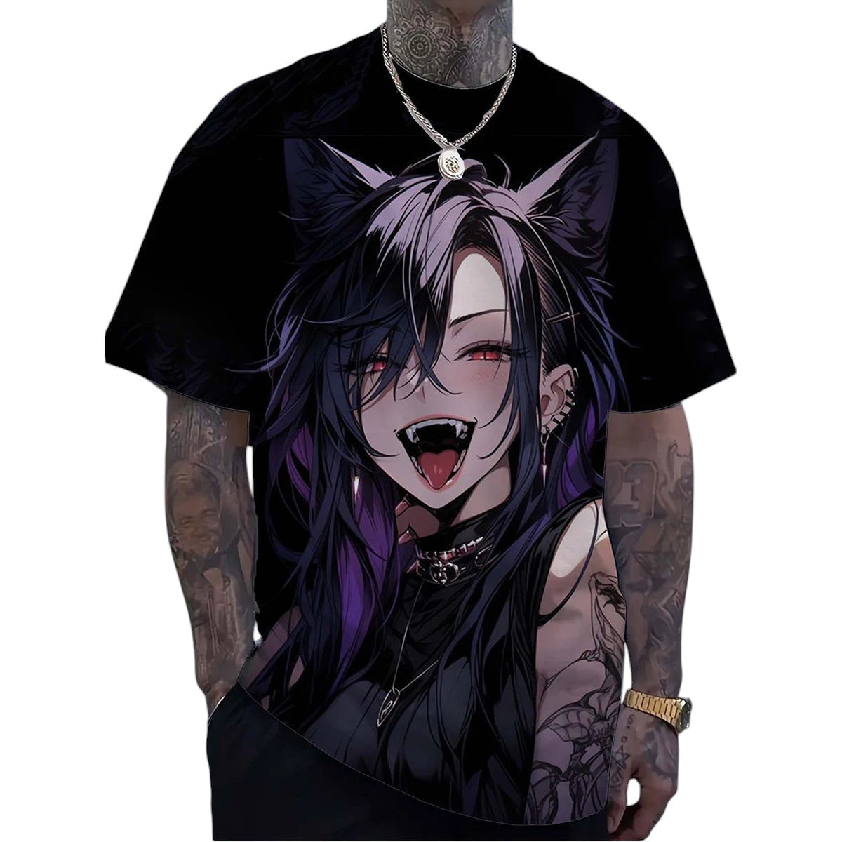 COMFORTH black t-shirt with anime character graphic print, featuring a cat-eared girl with purple hair and red eyes.