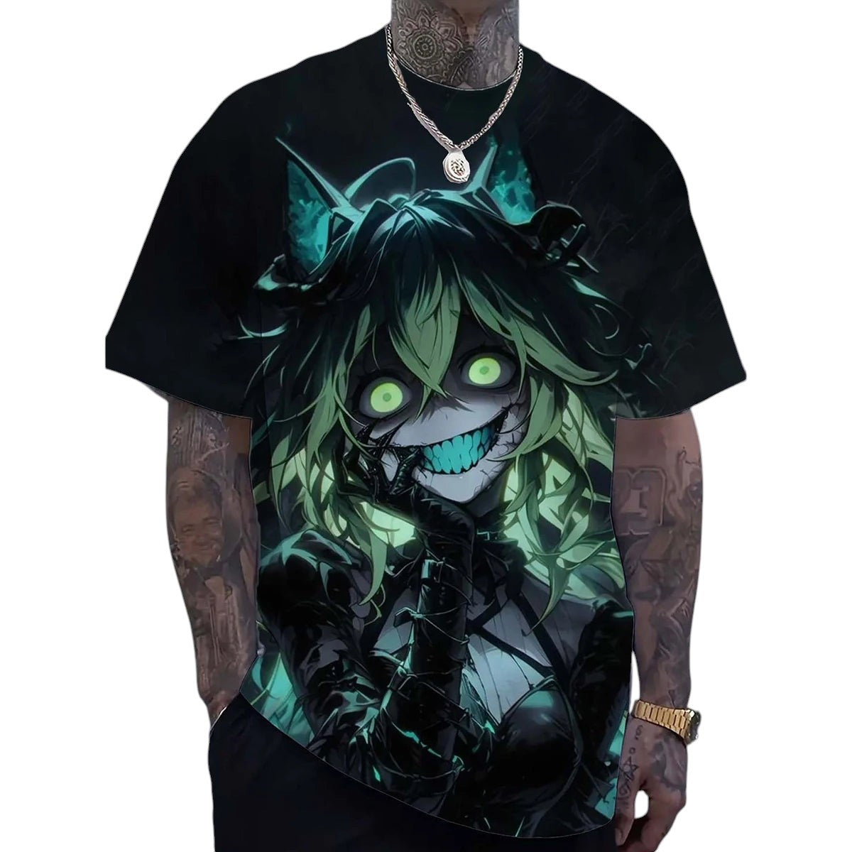 COMFORT black anime graphic print t-shirt with a green-eyed character and teal teeth. Short sleeves, crew neck.