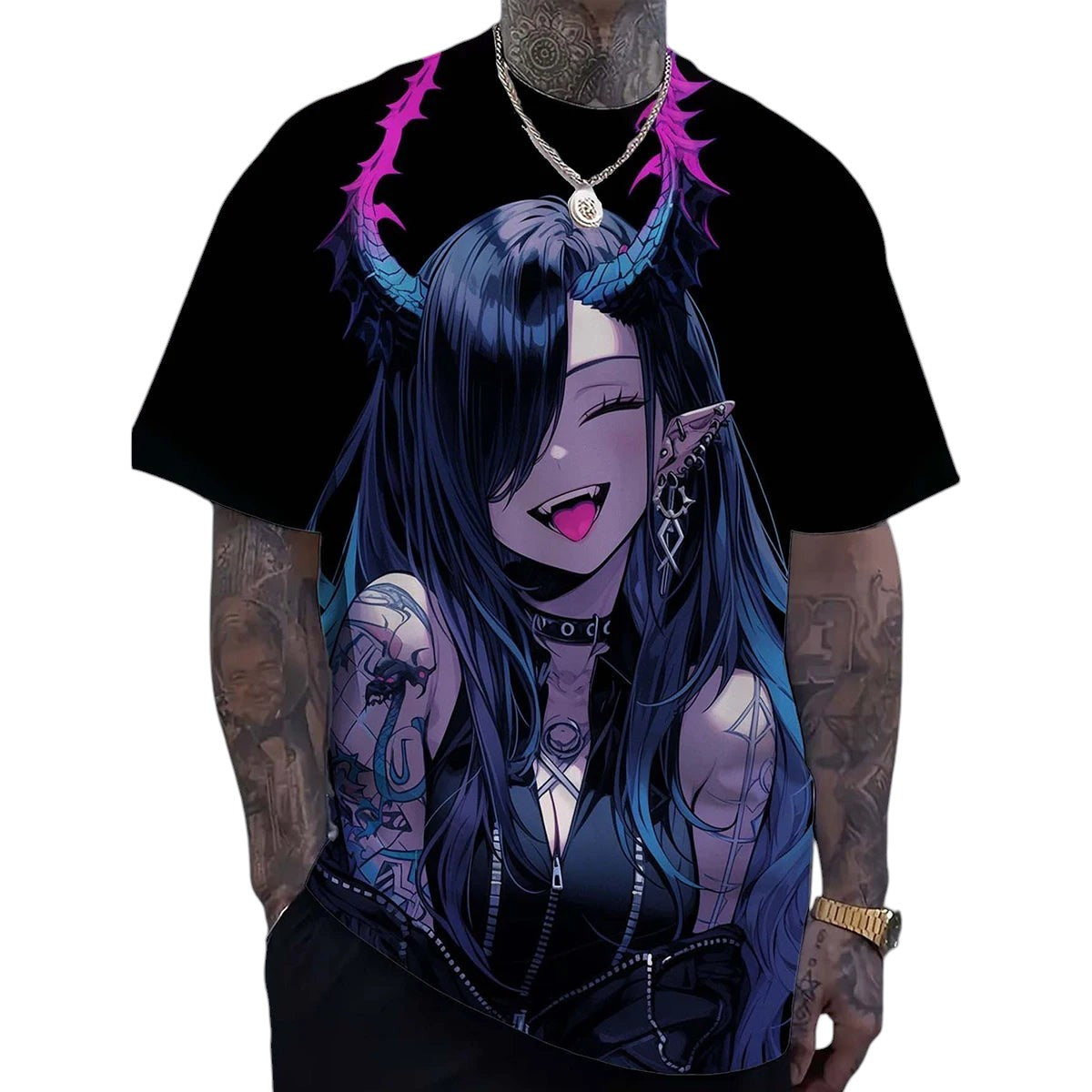 COMFORTH black t-shirt with anime girl graphic print, featuring blue and pink horns, fangs, and tattoos. Short sleeves.