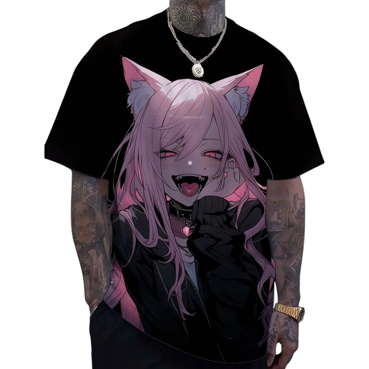 COMFORTH black t-shirt with anime cat girl graphic print, pink hair, red eyes, and black jacket detail.
