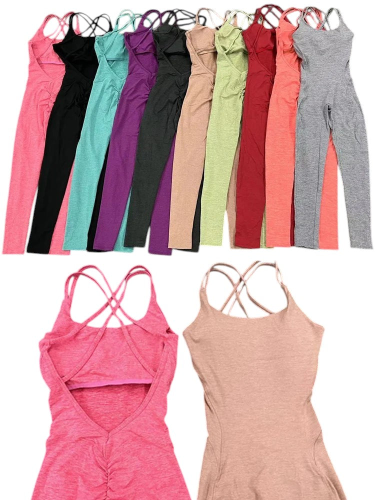 COMFORTHere's a collection of women's athletic bodysuits in various colors, featuring an open back with crisscross straps and ruched detailing.
