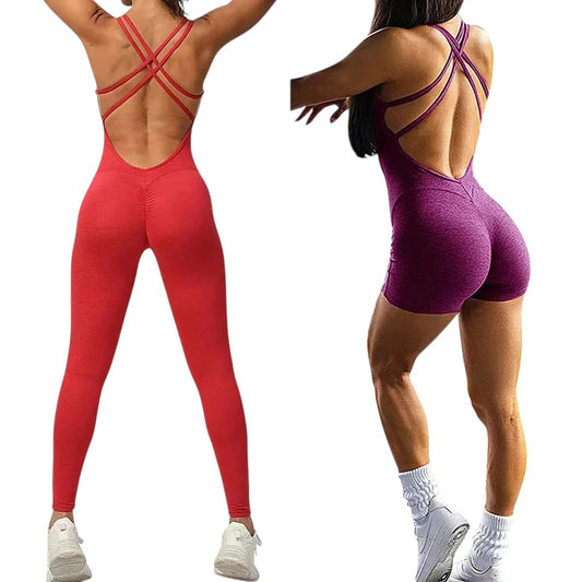 COMFORTH women's athletic bodysuit with open back crisscross straps and ruched detail. Available in red and purple.