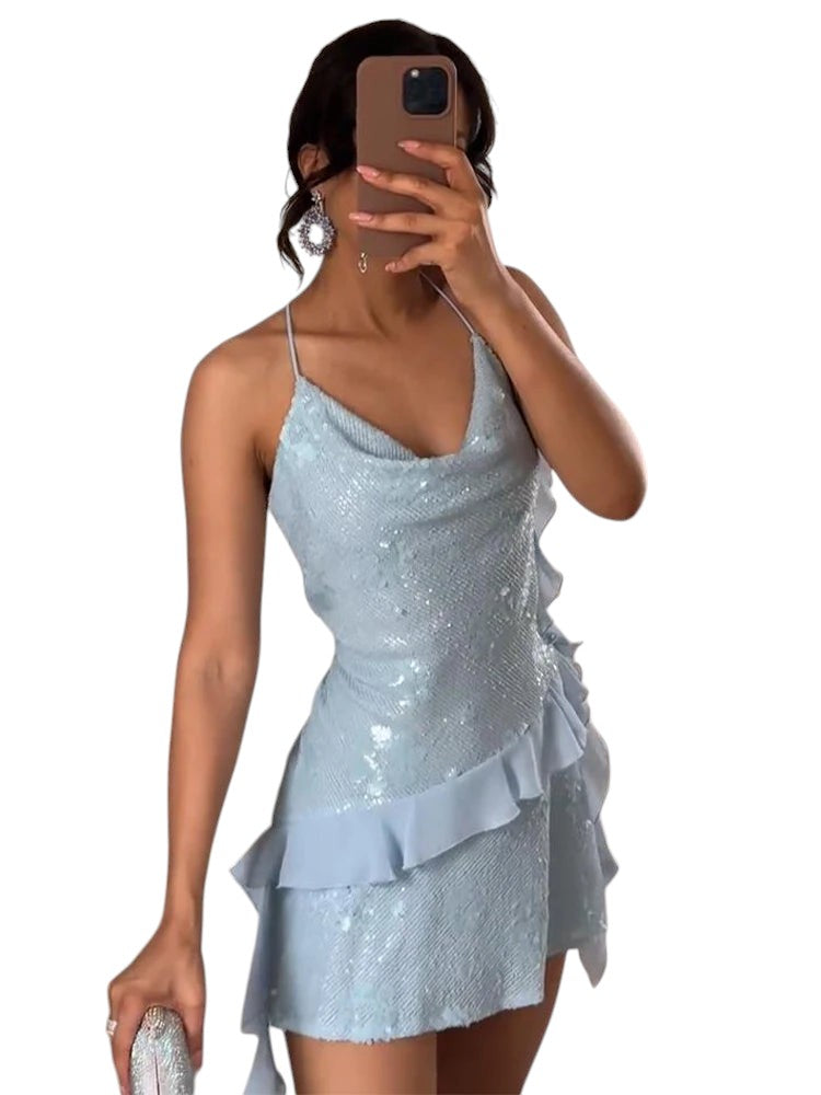 Sequin Ruffle Mini Dress With Cowl Neckline