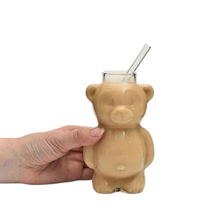COMFORTH bear shaped glass with straw, clear glass with light brown fill, 10 oz capacity