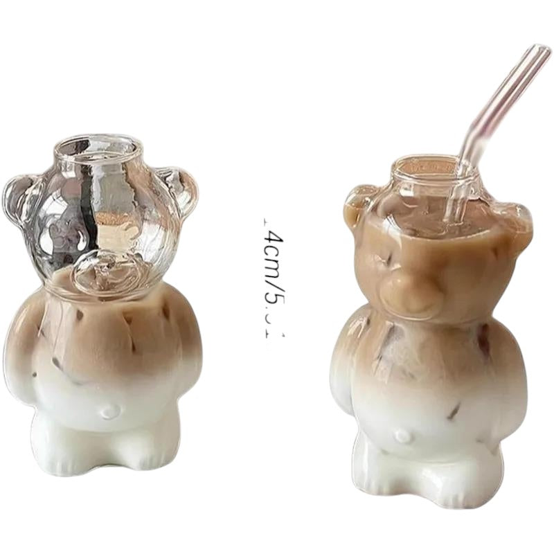 COMFORTH Adorable bear-shaped glass drinking cup with straw, clear top and frosted white base, perfect for coffee or cocktails.