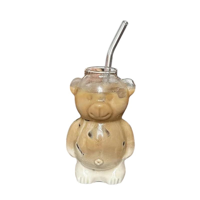 COMFORTH bear-shaped glass cup with straw, clear with frosted white base, for coffee or cocktails.