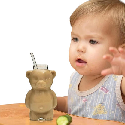 COMFORTH adorable bear-shaped glass with straw, perfect for kids and adults. Clear glass with frosted base.