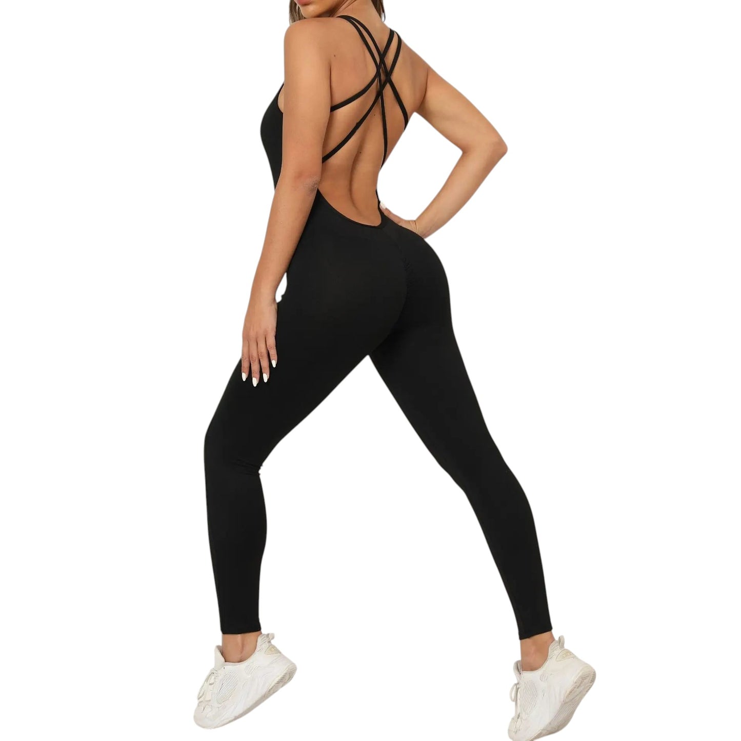 COMFORTH women's black athletic bodysuit with open back and crisscross straps, full length legs.