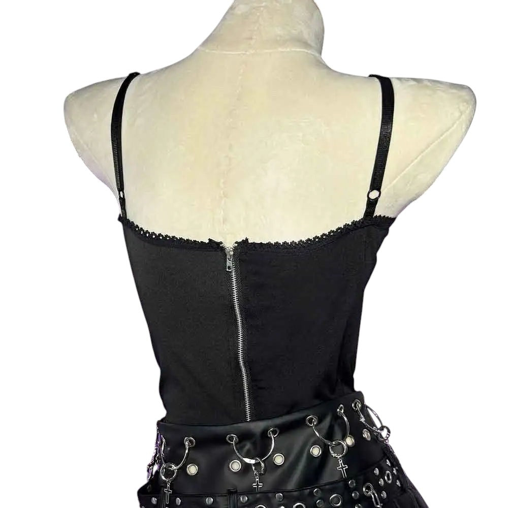 COMFORTH black lace corset top with zipper back, adjustable straps, and lace trim. Gothic style.