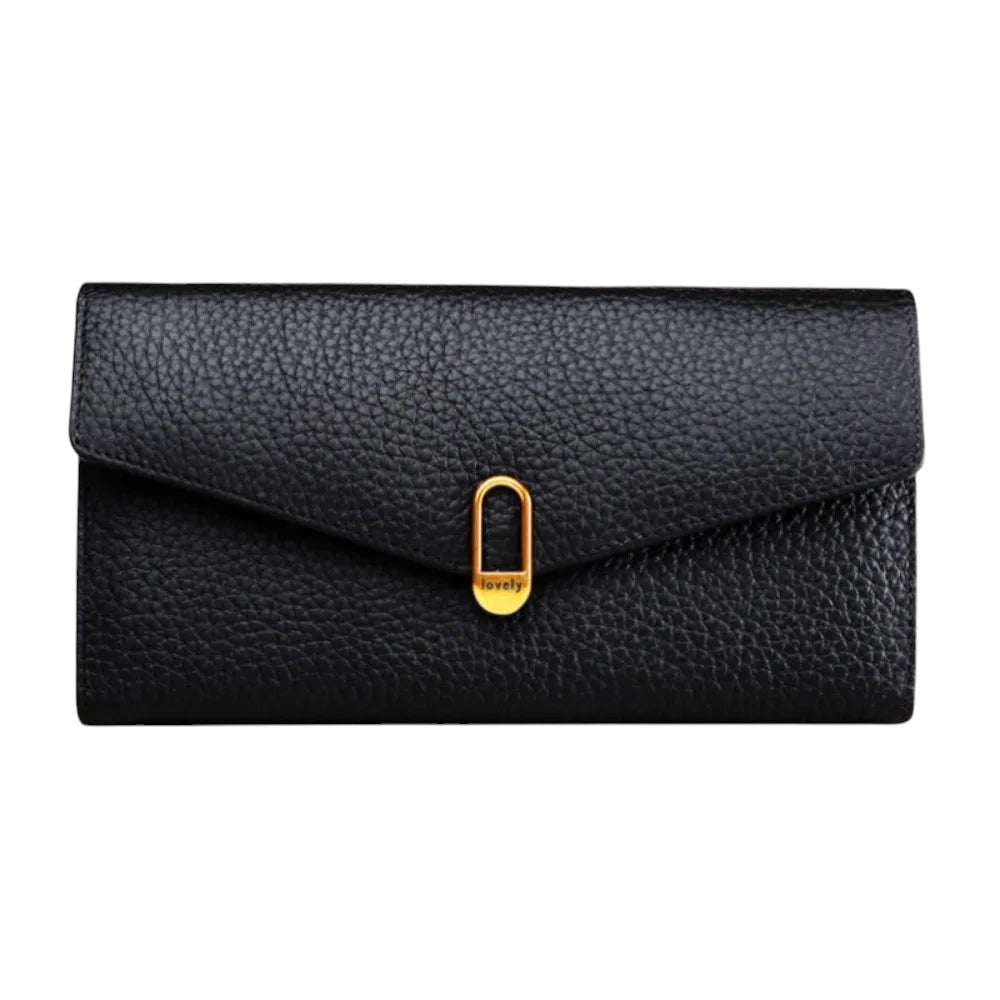 COMFORTH black textured leather envelope wallet with gold clasp and "lovely" detail