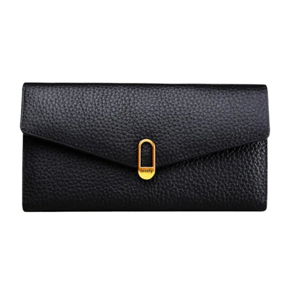 COMFORTH black textured leather envelope wallet with gold clasp and "lovely" detail