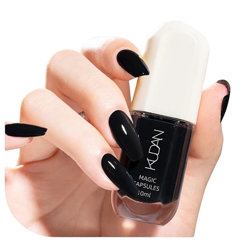 COMFORTH black water-based peel-off nail polish, 10ml bottle, glossy finish, almond shape nails