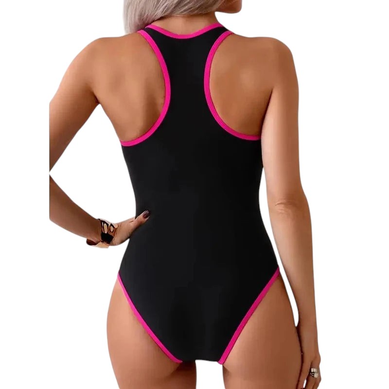 COMFORTH black one-piece swimsuit with hot pink trim, racerback, and zipper detail. Sleeveless design.