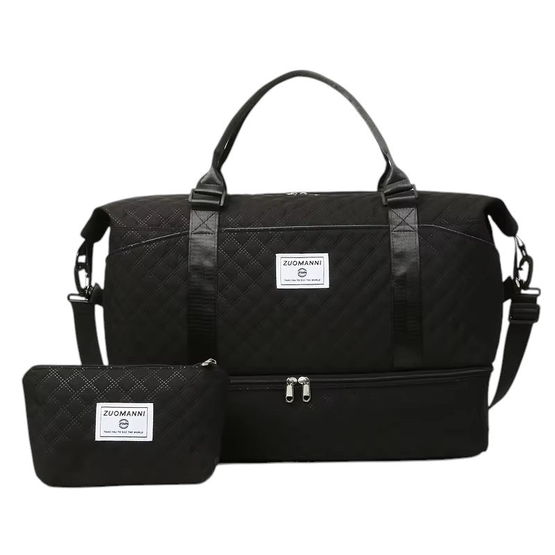 COMFORTH black quilted duffel bag with matching pouch, featuring diamond quilting and a separate bottom compartment.