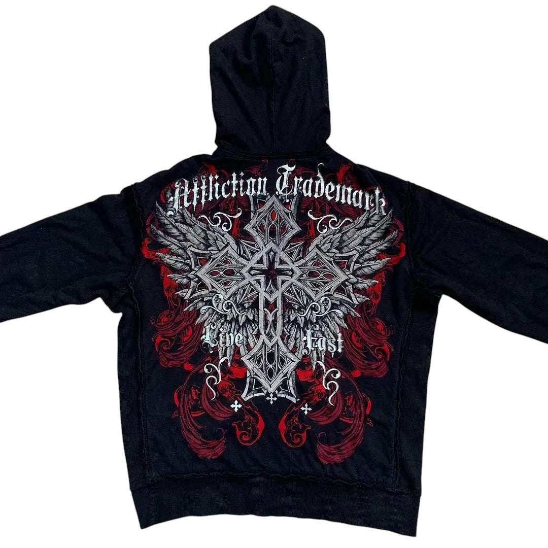 COMFORTH black zip-up hoodie with distressed cross and wings graphic. Features "Affliction Trademark" and "Live Fast" text.