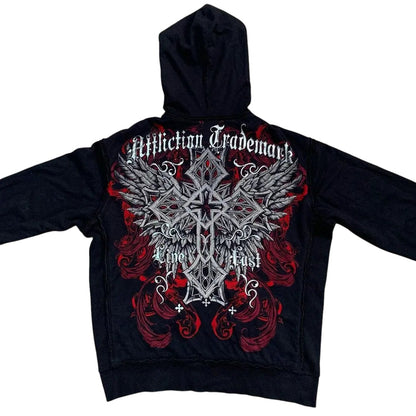 COMFORTH black zip-up hoodie with distressed cross and wings graphic. Features "Affliction Trademark" and "Live Fast" text.