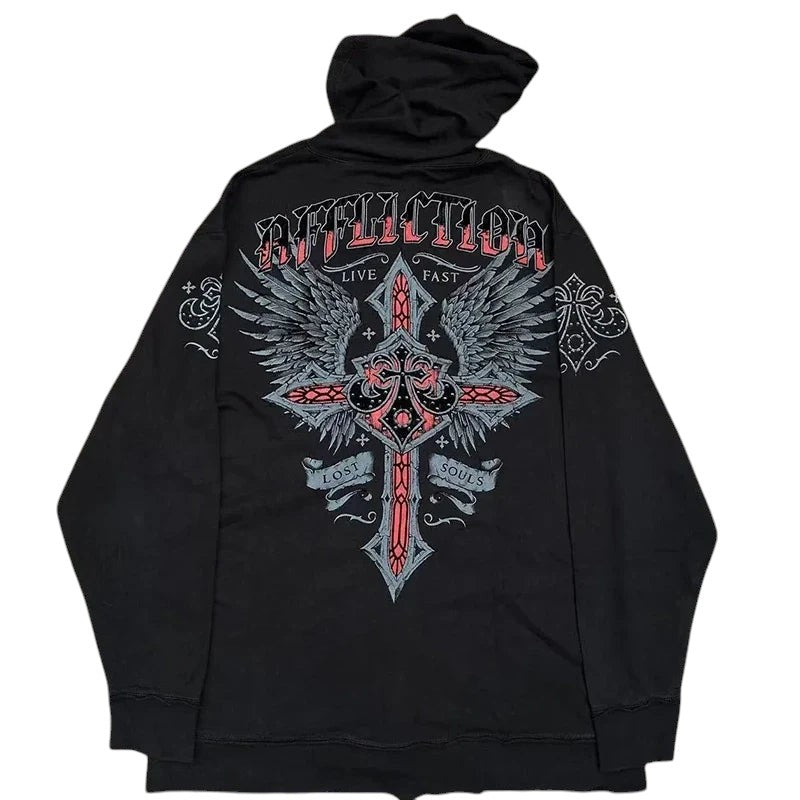 COMFORTH black zip-up hoodie with distressed graphic of wings, a cross, and the word "Affliction" in gothic font.