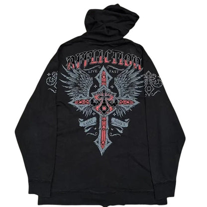 COMFORTH black zip-up hoodie with distressed graphic of wings, a cross, and the word "Affliction" in gothic font.
